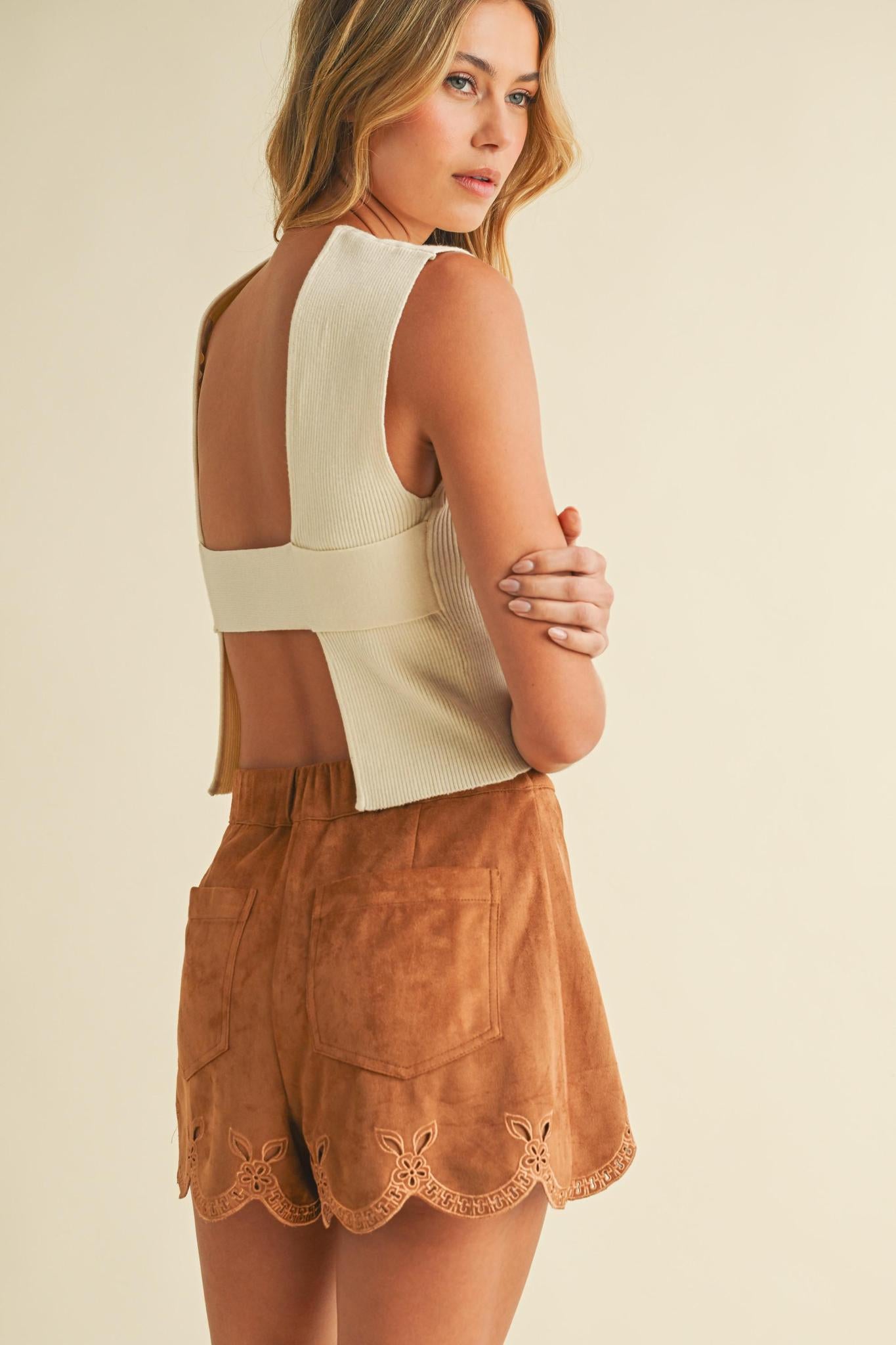 Cream Sleeveless Knit Open Back Top