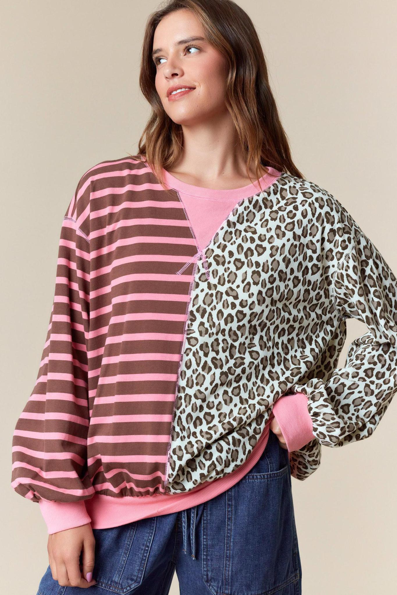 Half&half Color Block Stripe & Leopard Sweatshirt
