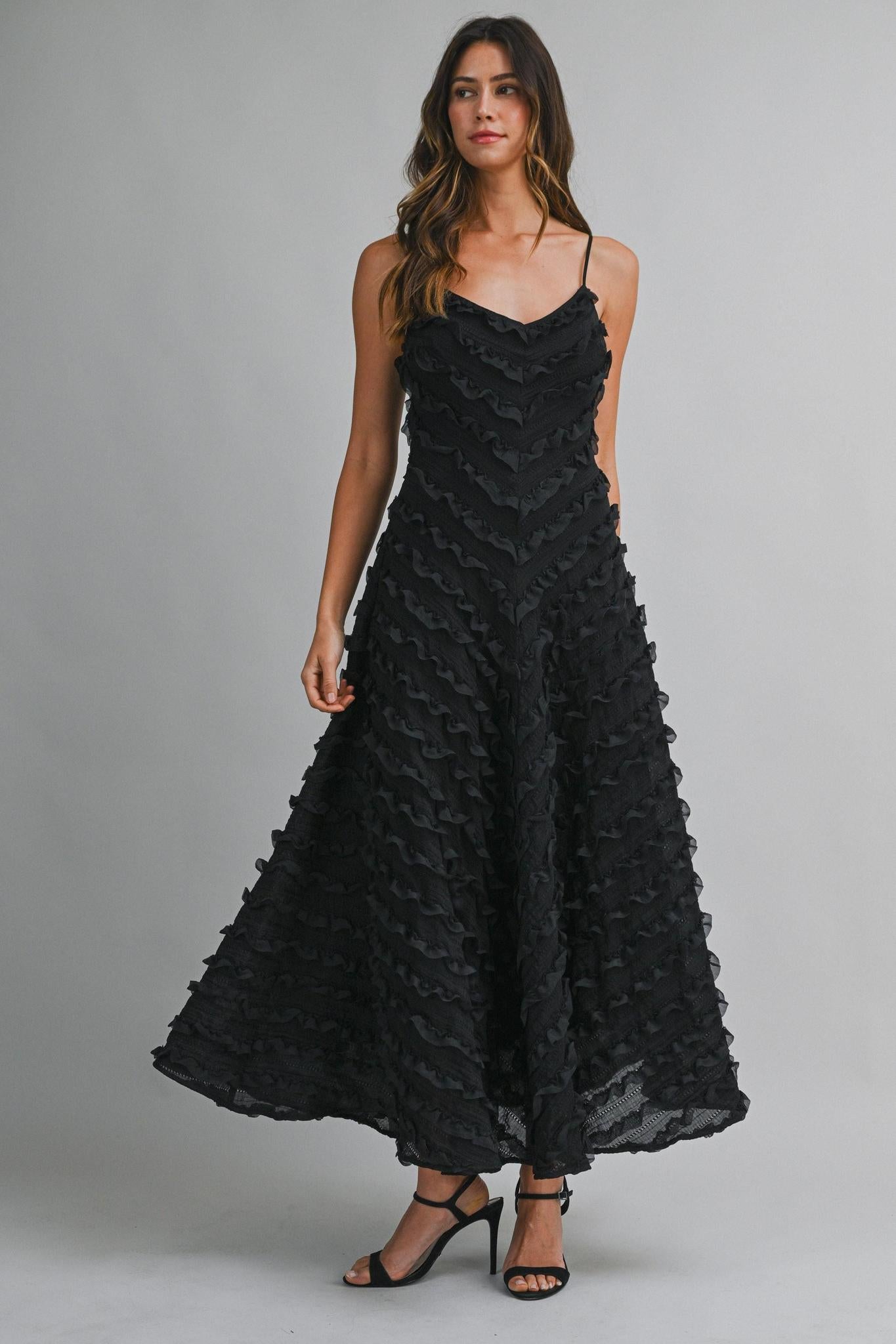 Black Adjustable Spaghetti Strap Chevron Ruffle Detail Midi Dress