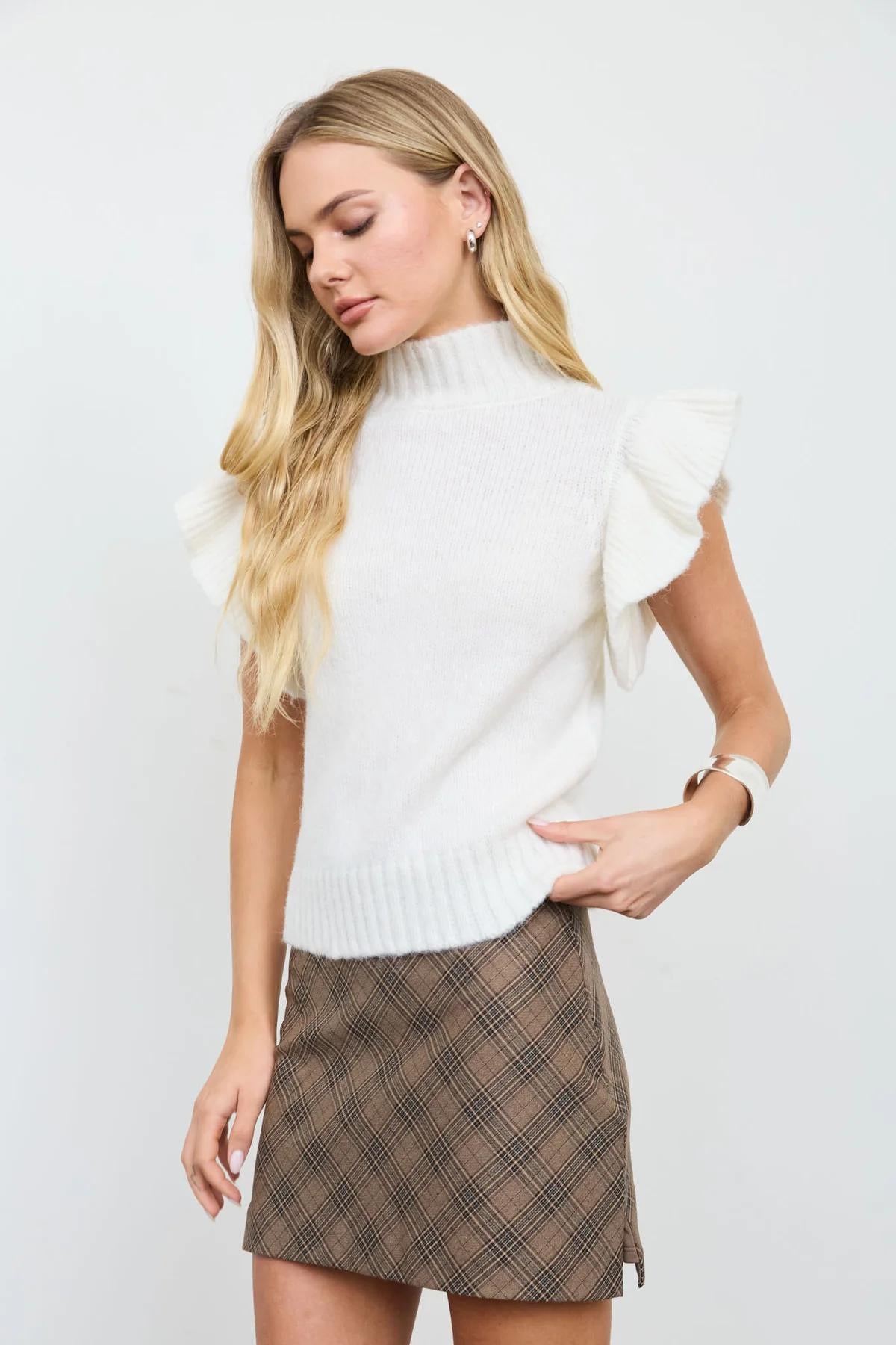 OATMEAL RUFFLE SLEEVE MOCK NECK RIBBED SWEATER