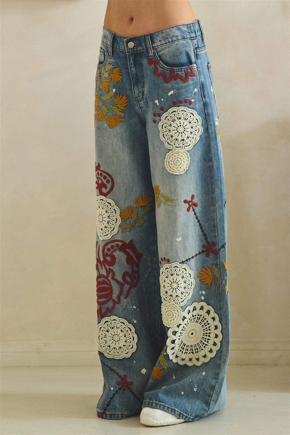 Washed Embroidery Wide Leg Denim Pants