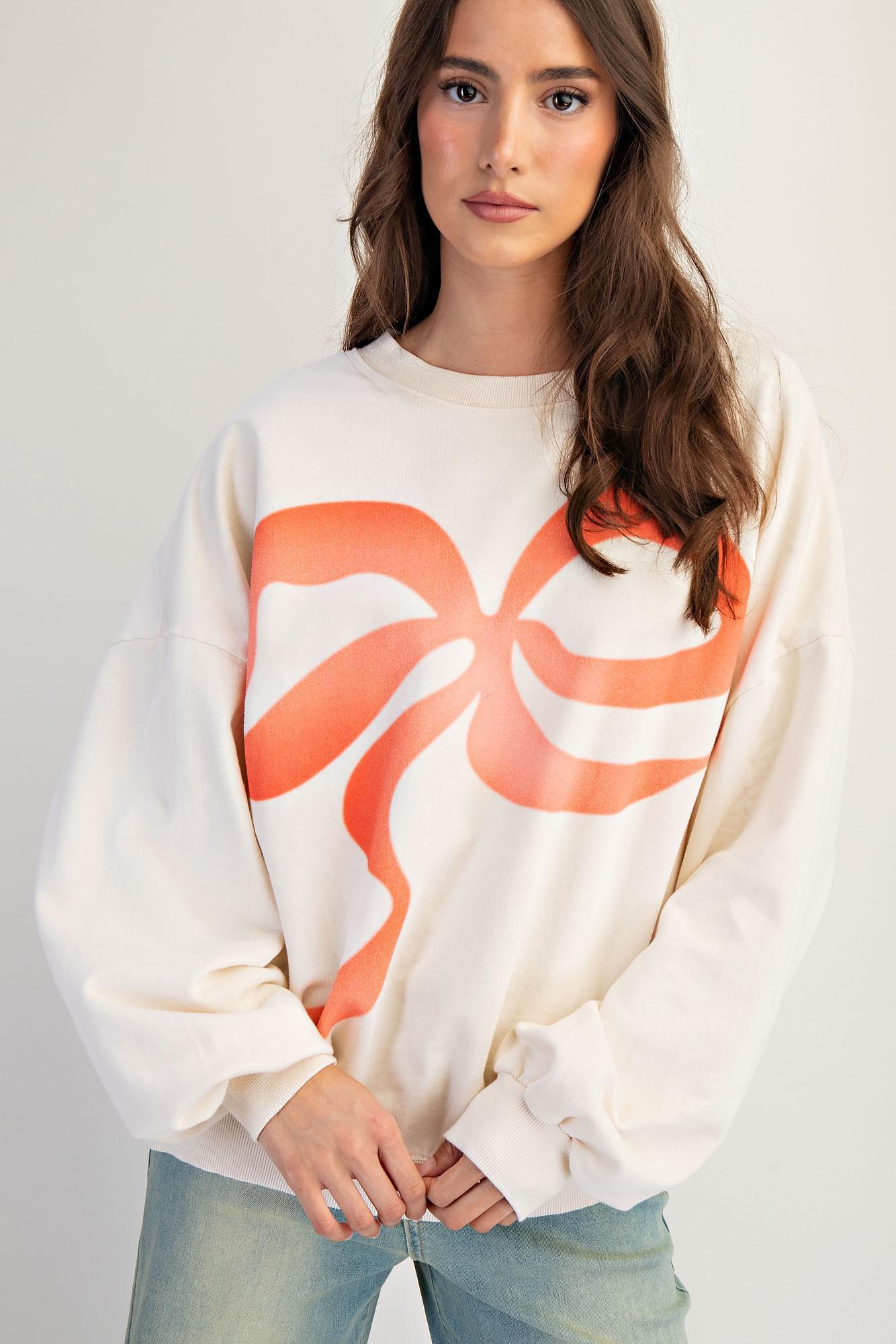 Bow Print Front Washed Terry Pullover
