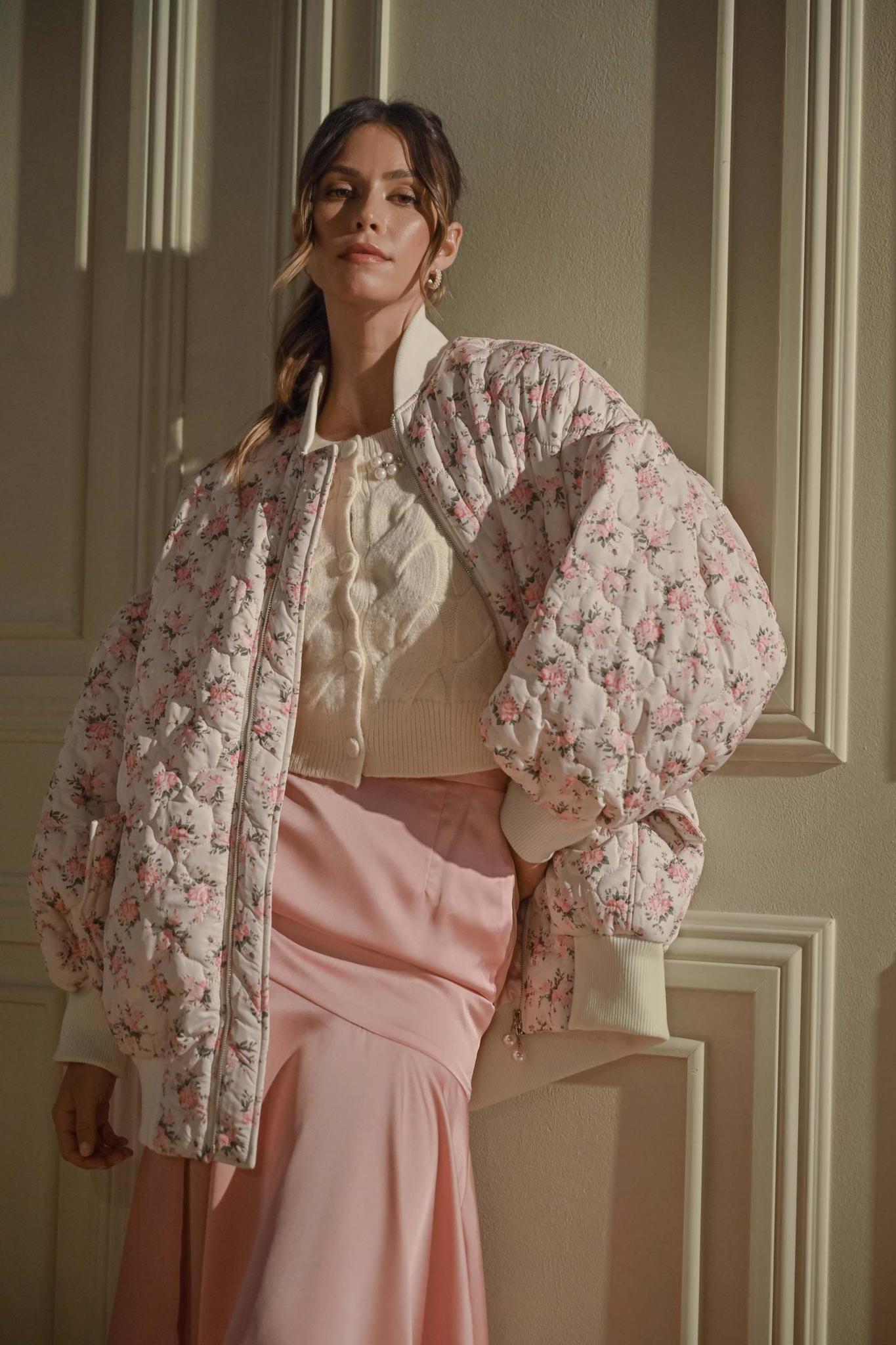 Floral Print Quilted Oversized Bomber Jacket