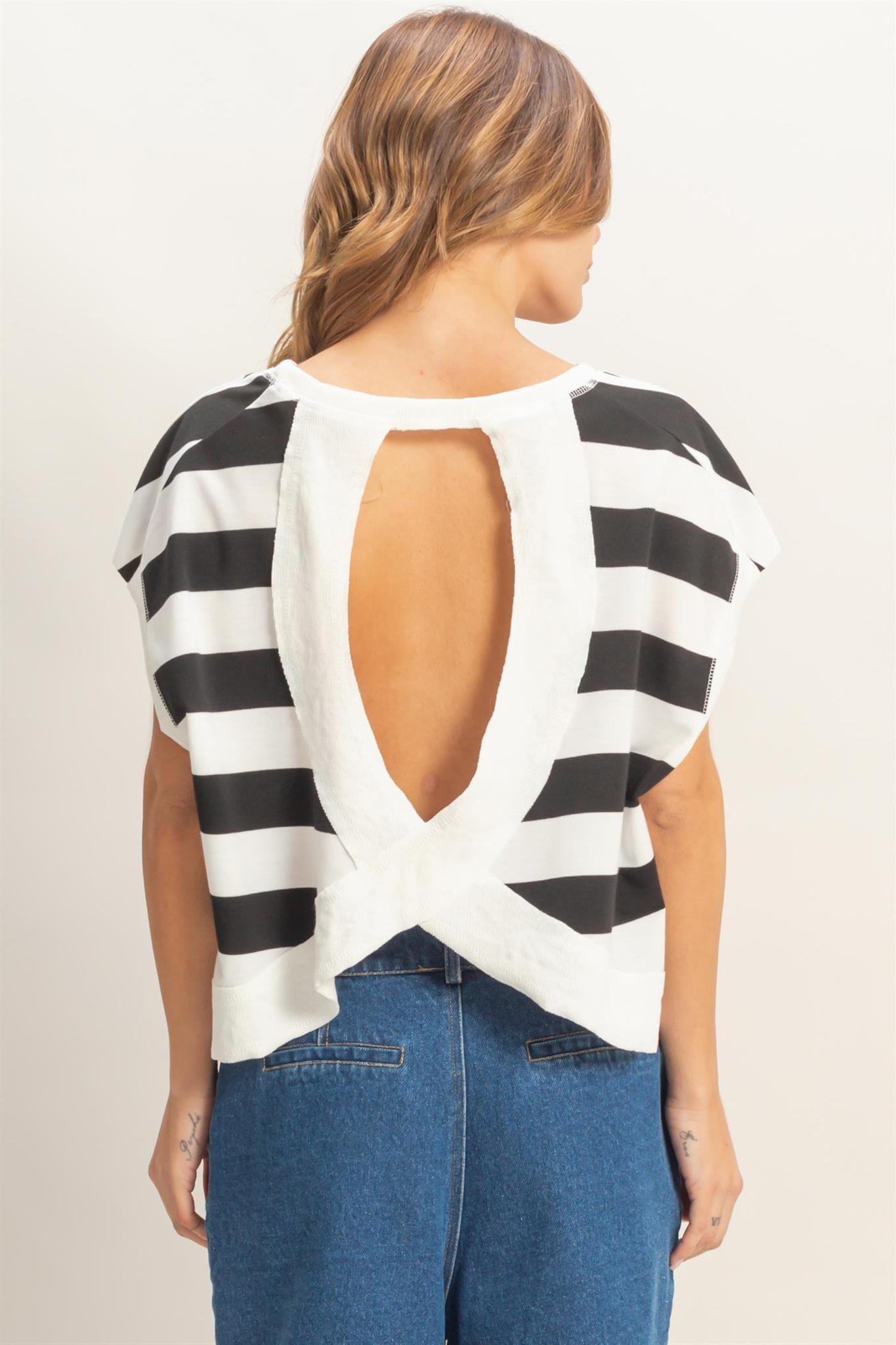 Striped Boxy Crew Neck Top - Black