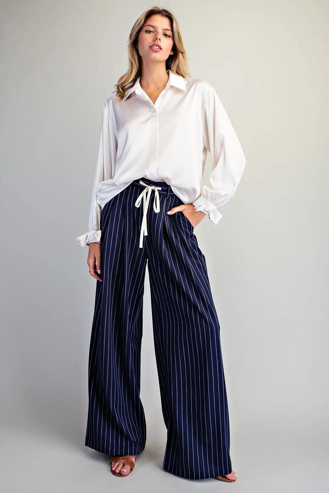 Navy Pinstriped Front Tie Pants