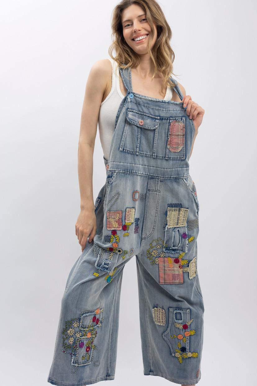 Vintage Washed Denim Oversized Bib Overalls