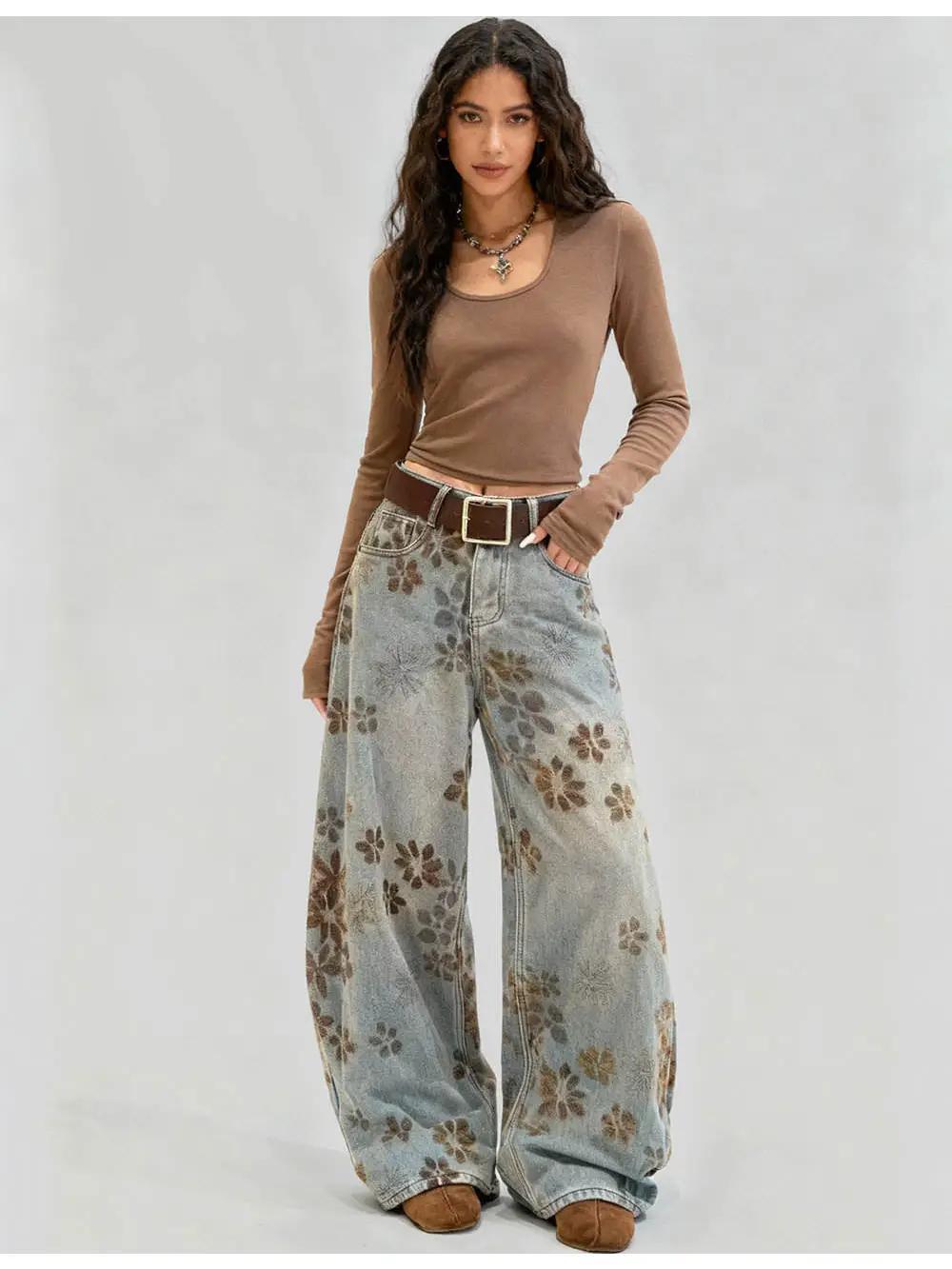 Floral Print Fleece Lined Wide Leg Denim Pants