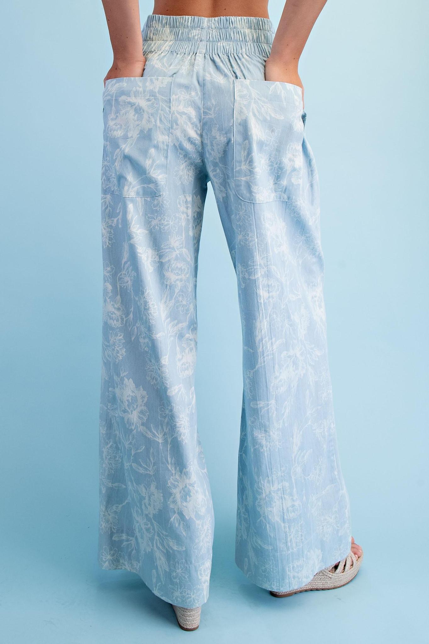 Light Denim Floral Print Wide Leg Pants