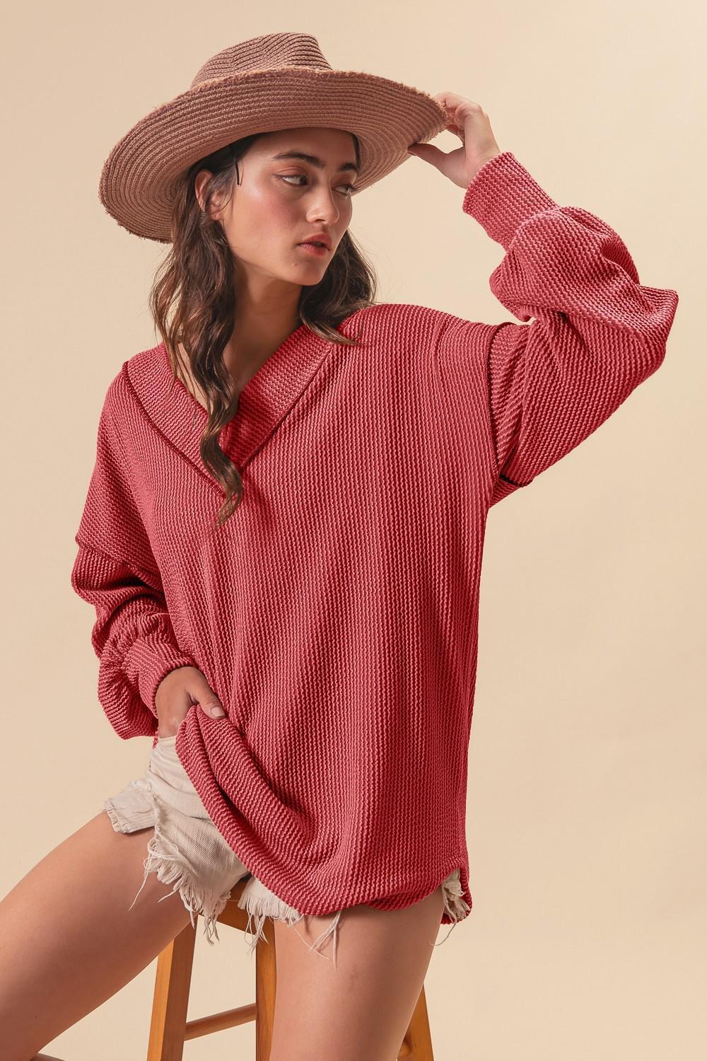 Cord Rib Contrast Stitching V-Neck Top