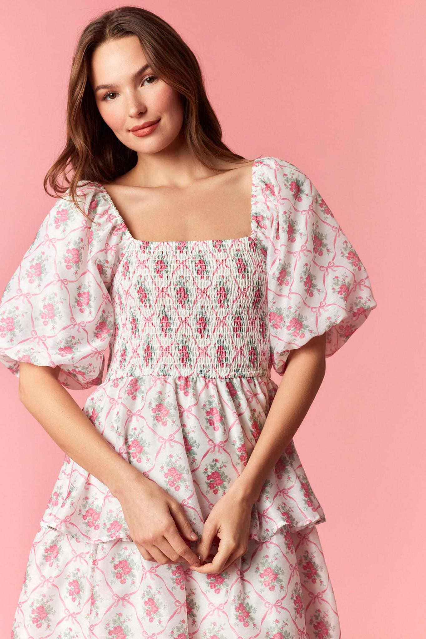 Floral Print Bubble Sleeve Tiered Midi Dress