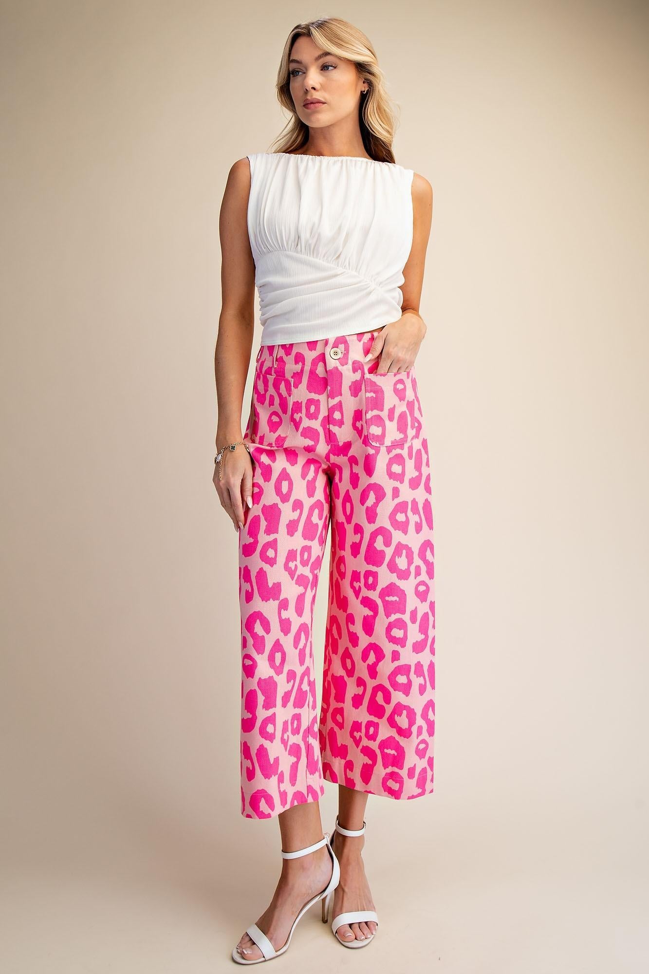 Pink Leopard Pants Colette Cropped Wide-Leg