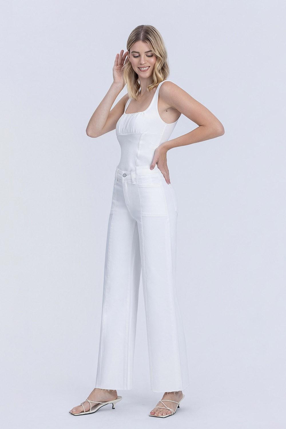 High Rise Stacked Waistband Optic White Wide Jeans