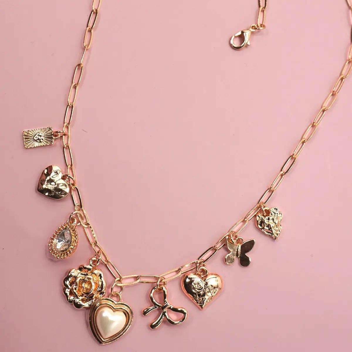 Charm Necklace-Bow Heart Rhinestone Flower