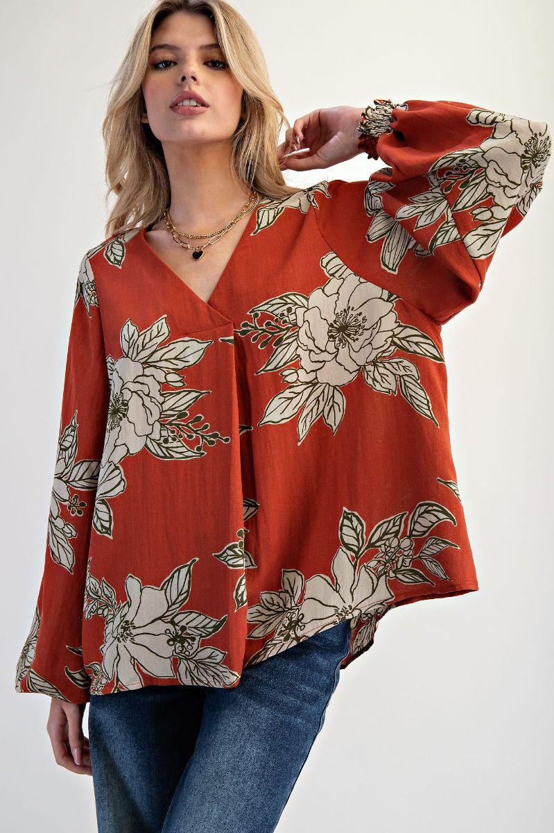 Rust Floral Printed V-Neck Blouse