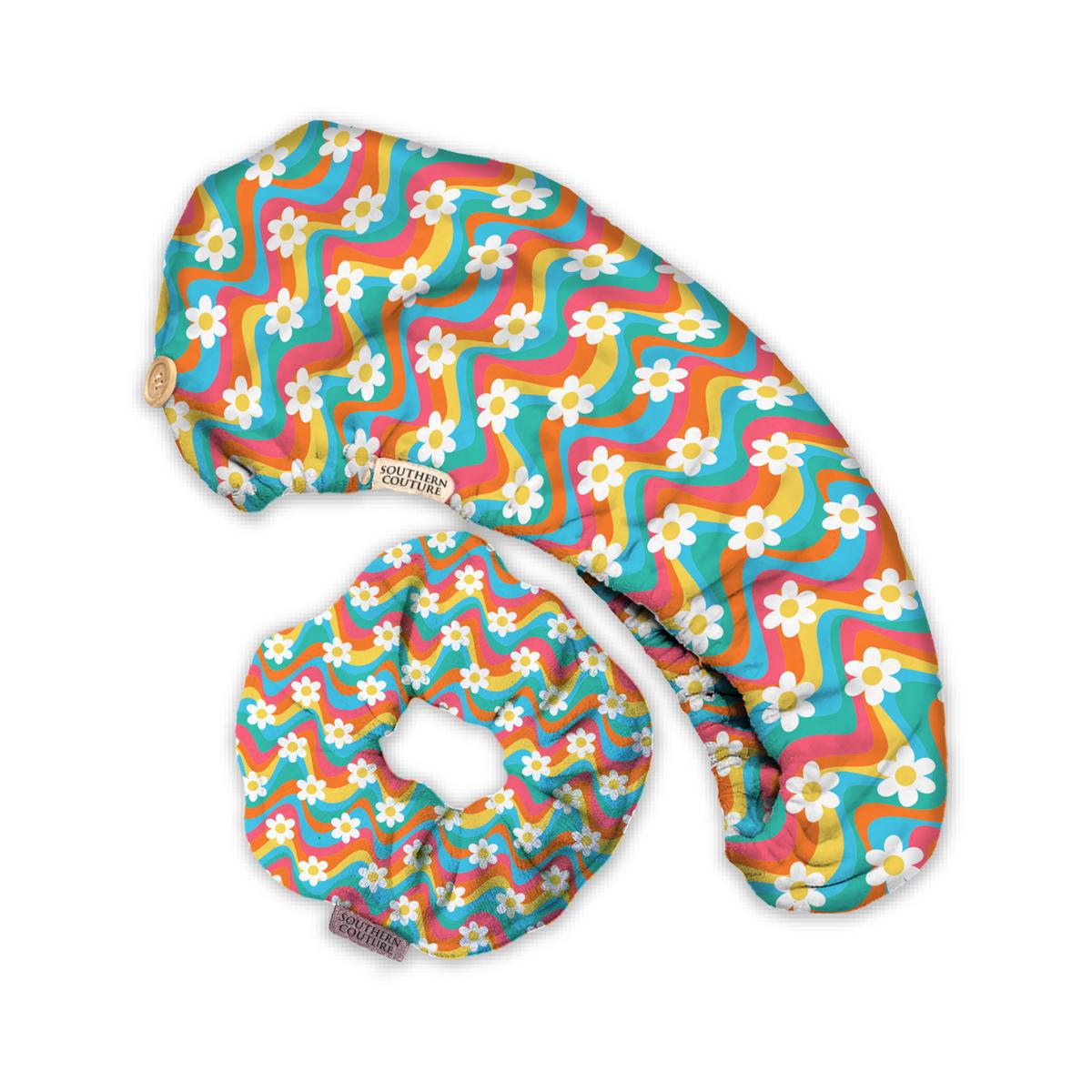 SC Hair Towel Wrap Scrunchie Set - Retro Daisies