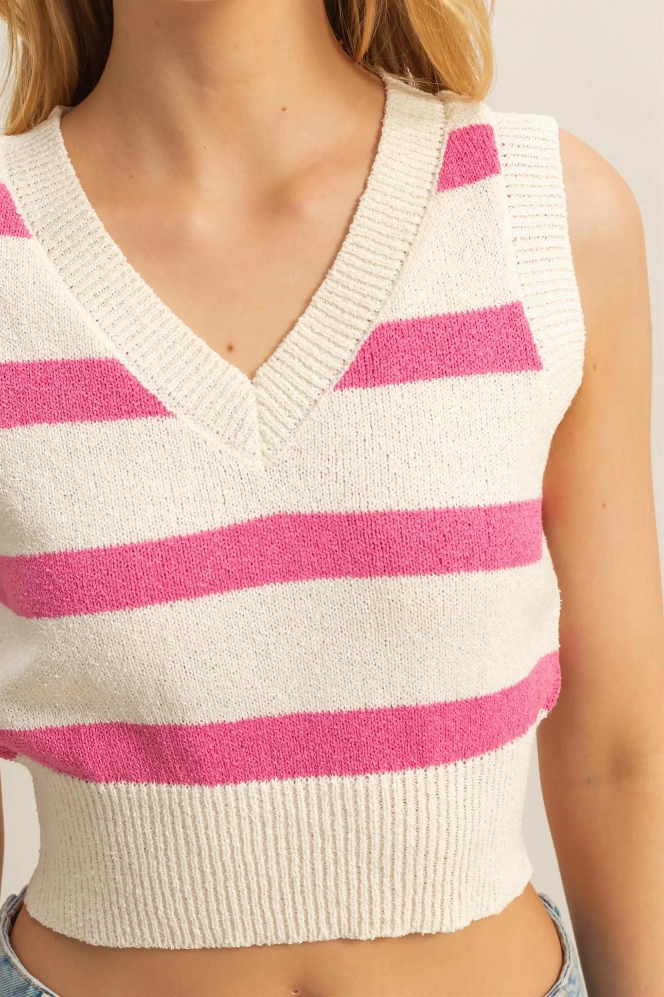 Pink V Neck Striped Knit Crop Vest