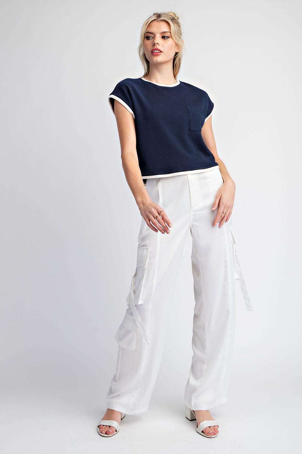 Two-Tone Round Neck Short Sleeve Top