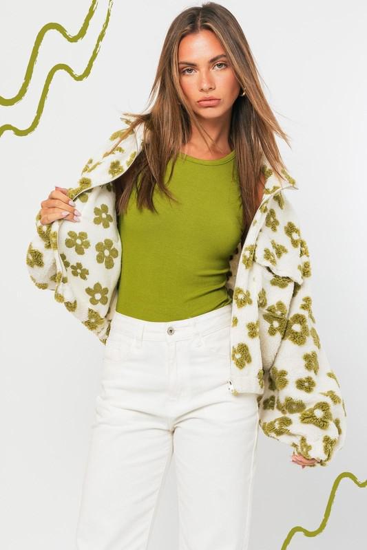 Green Floral Fleece Jacket