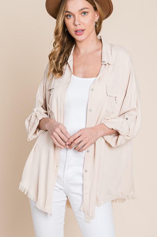 Taupe Distressed Button Top