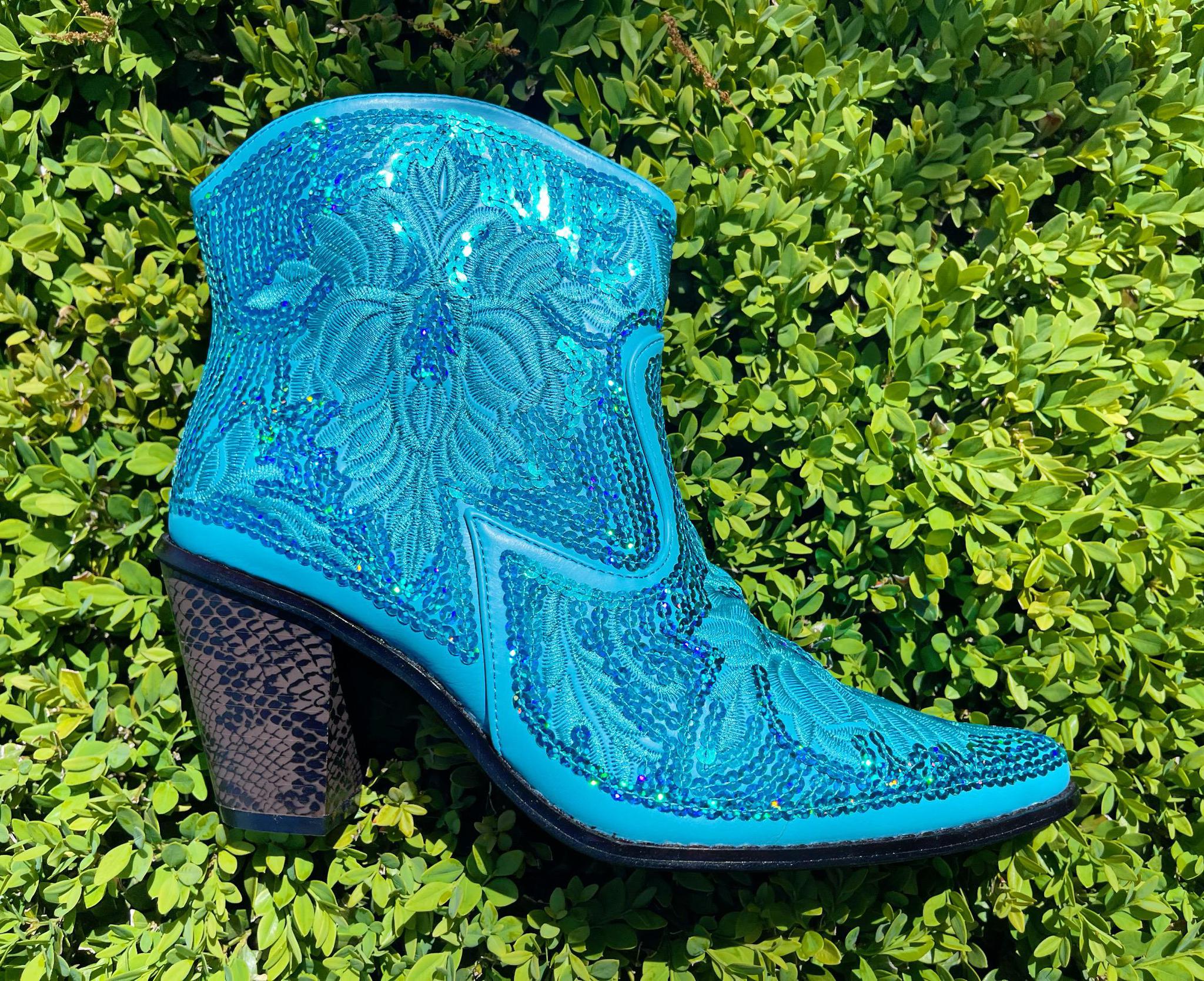 Turquoise Sequin Short Boots