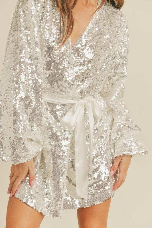 White Sequin Wrap Dress