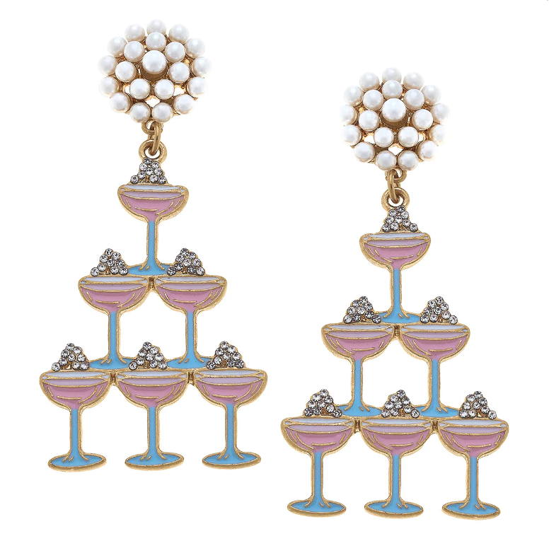 Crystal Enamel & Pavé Champagne Tower Earrings in Pink & Blue