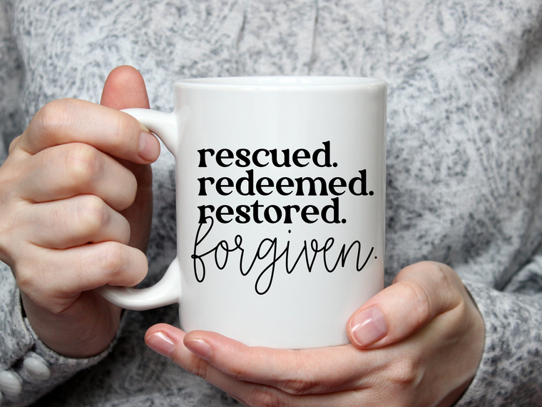 Rescued. Redeemed. Restored. Forgiven. Mug