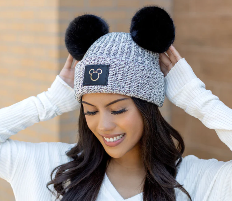 Mickey Mouse Outline Black Speckled Double Pom Beanie